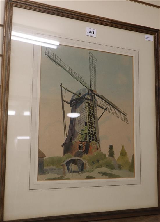 Ernest Michael Dinkel RWS (1894-1983), Windmill, Schimert, Limburgh, Holland, signed and dated 1957, 45.5 x 36cm